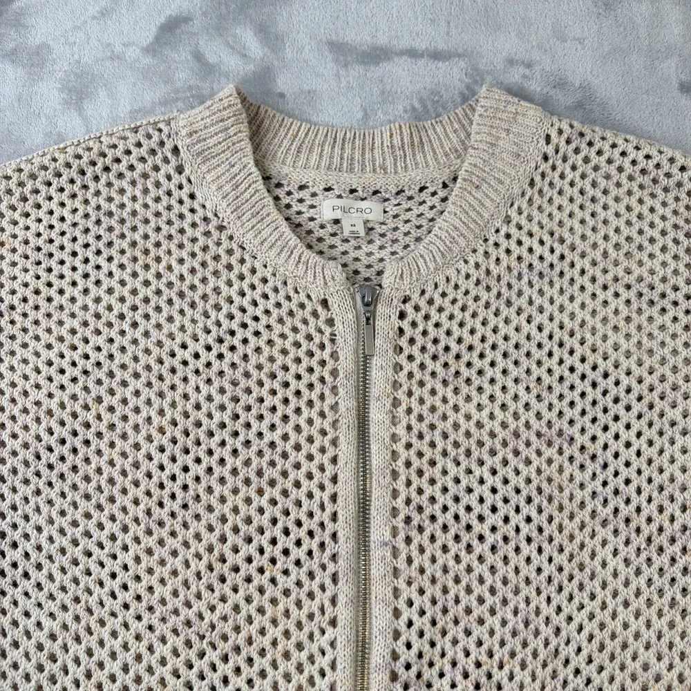 Pilcro Women's XS Open Knit Cardigan Sweater Beige Full Zip Cotton Blend